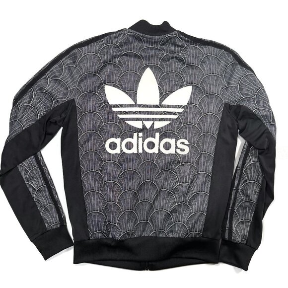 Adidas Track Jacket Womens XS Big Firebird Logo Black Shell Pattern Bomber Zip - Picture 9 of 9